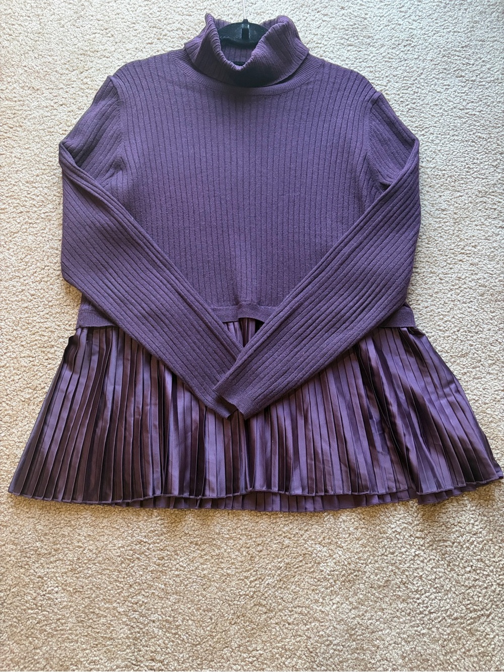 Nine West Plum Ribbed Turtleneck Sweater with Pleated Hem